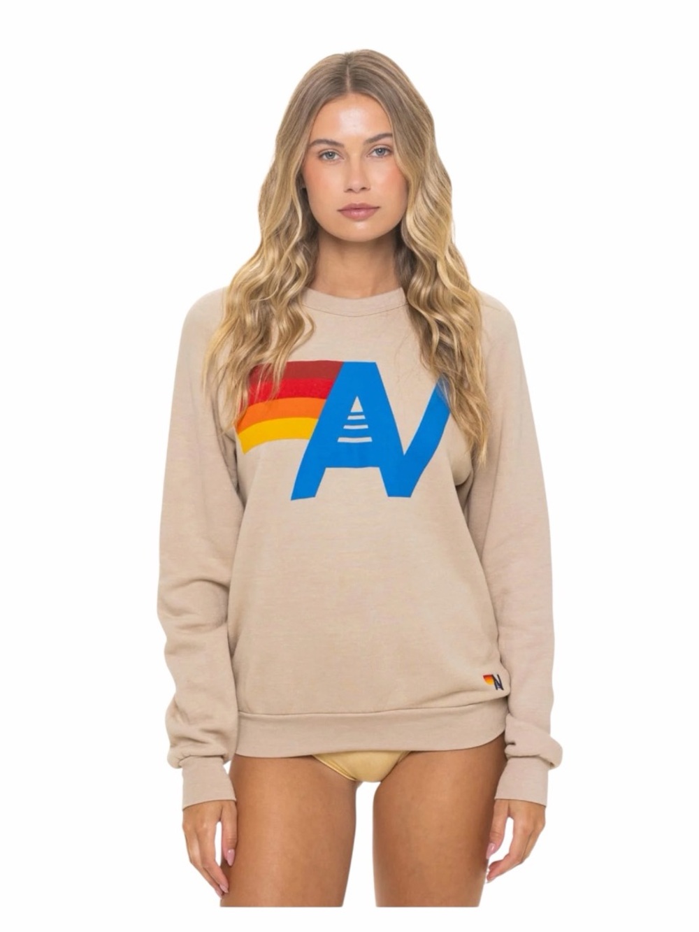 Aviator Nation Rainbow Logo Sweatshirt Sand Beige Crew Small